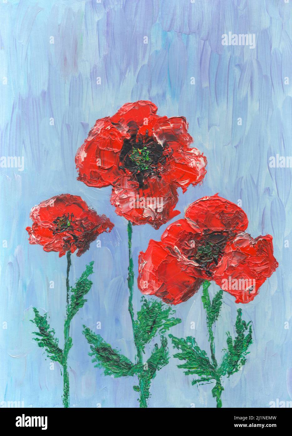 Handbemalte rote Mohnblumen. Künstlerische Malerei. Öl auf Leinwand. Stockfoto