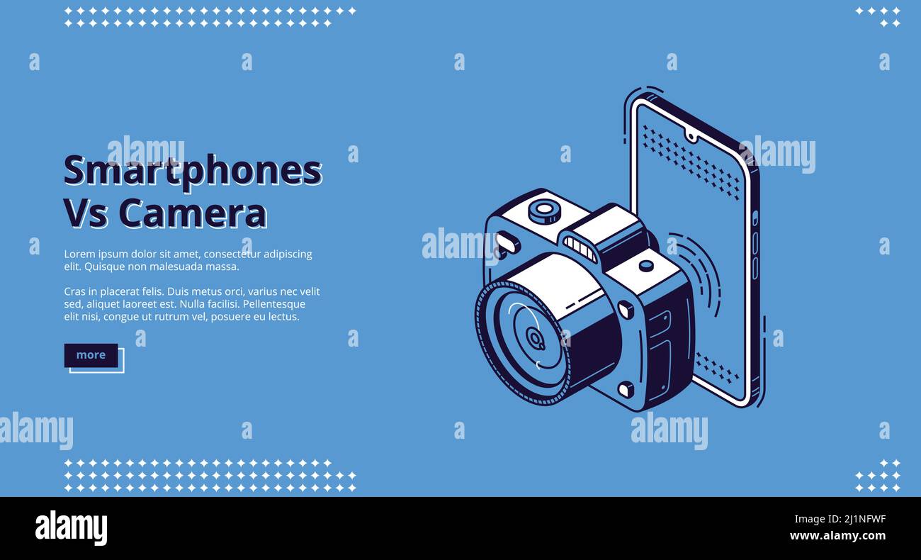 Smartphone vs Kamera Banner. Mobile Fotografie der Konkurrenz im Vergleich zu dslr-Fotografie. Vektor-Hintergrund mit isometrischer Illustration des Mobiltelefons und kam Stock Vektor