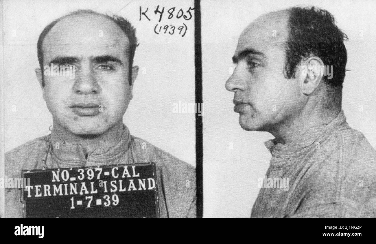 MUGSHOT - der Tag, an dem Al Capone am 7. Januar 1939 in der Federal Correctional Institution auf Terminal Island in Kalifornien ankam. Stockfoto