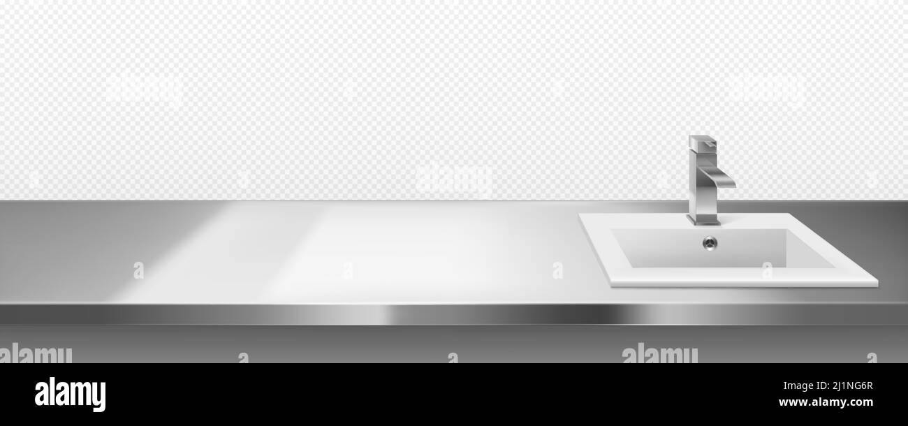 Keramik Waschbecken mit Metall Wasserhahn für Küche oder Bad auf Stahl Arbeitsplatte Oberfläche Front oder Draufsicht isoliert auf transparentem Hintergrund. Innen Fra Stock Vektor