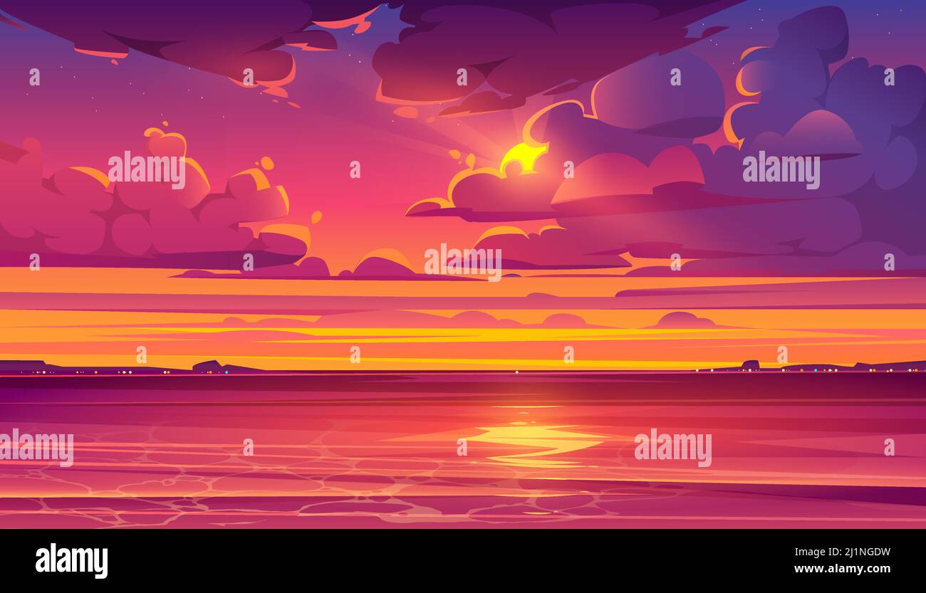 Sonnenuntergang am Meer. Tropische Landschaft mit Meer, Himmel und Wolken im roten Licht der Abendsonne. Vektor Cartoon Sommer Seascape mit orangefarbenen Reflexion im Wasser Stock Vektor