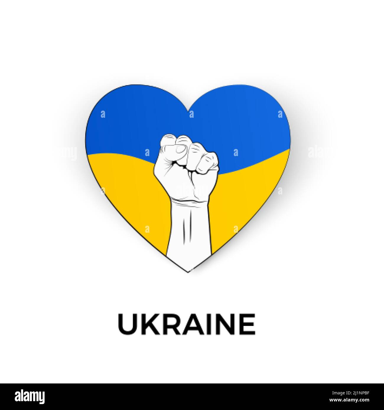 Herz Silhouette in ukrainischen Nationalflaggenfarben und Faust Symbol. Unterstützt die Ukraine im Krieg. Stoppt die militärische Invasion. Rettet Menschen und gebt ihnen Hoffnung. Vec Stock Vektor
