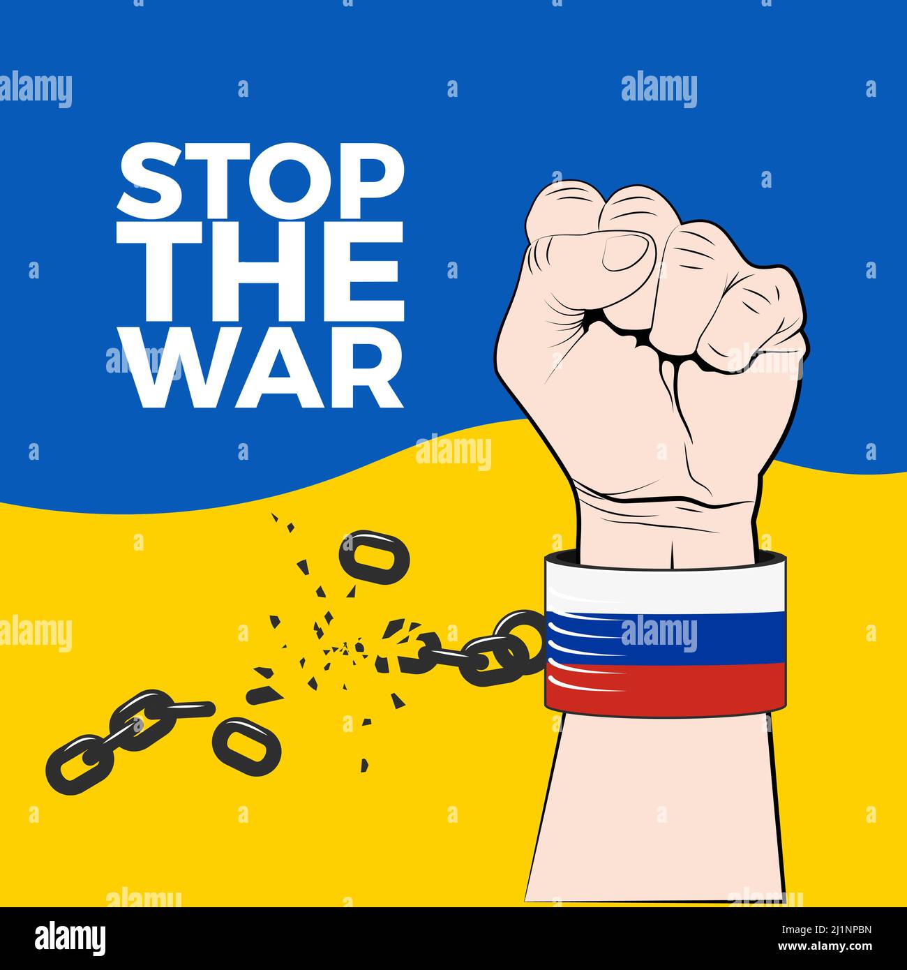 Fist bricht die Fesseln auf dem Hintergrund des ukrainischen nationalen Fähnrich. Stoppt den Krieg. Vektorgrafik Stock Vektor
