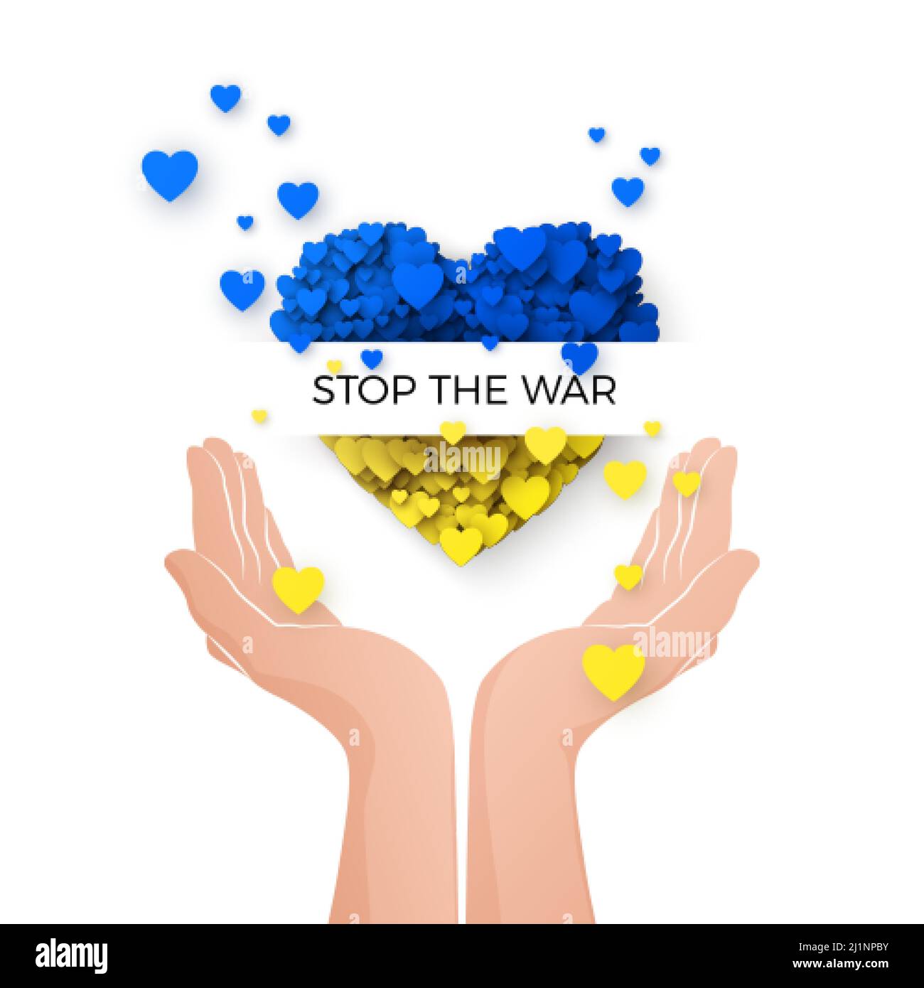 Hände mit Herz Silhouette in ukrainischen Flaggen Farben. Unterstützt die Ukraine im Krieg. Stoppt die militärische Invasion. Betet für die Ukraine. Rettet Menschen und gebt ihnen Hoffnung. Stock Vektor