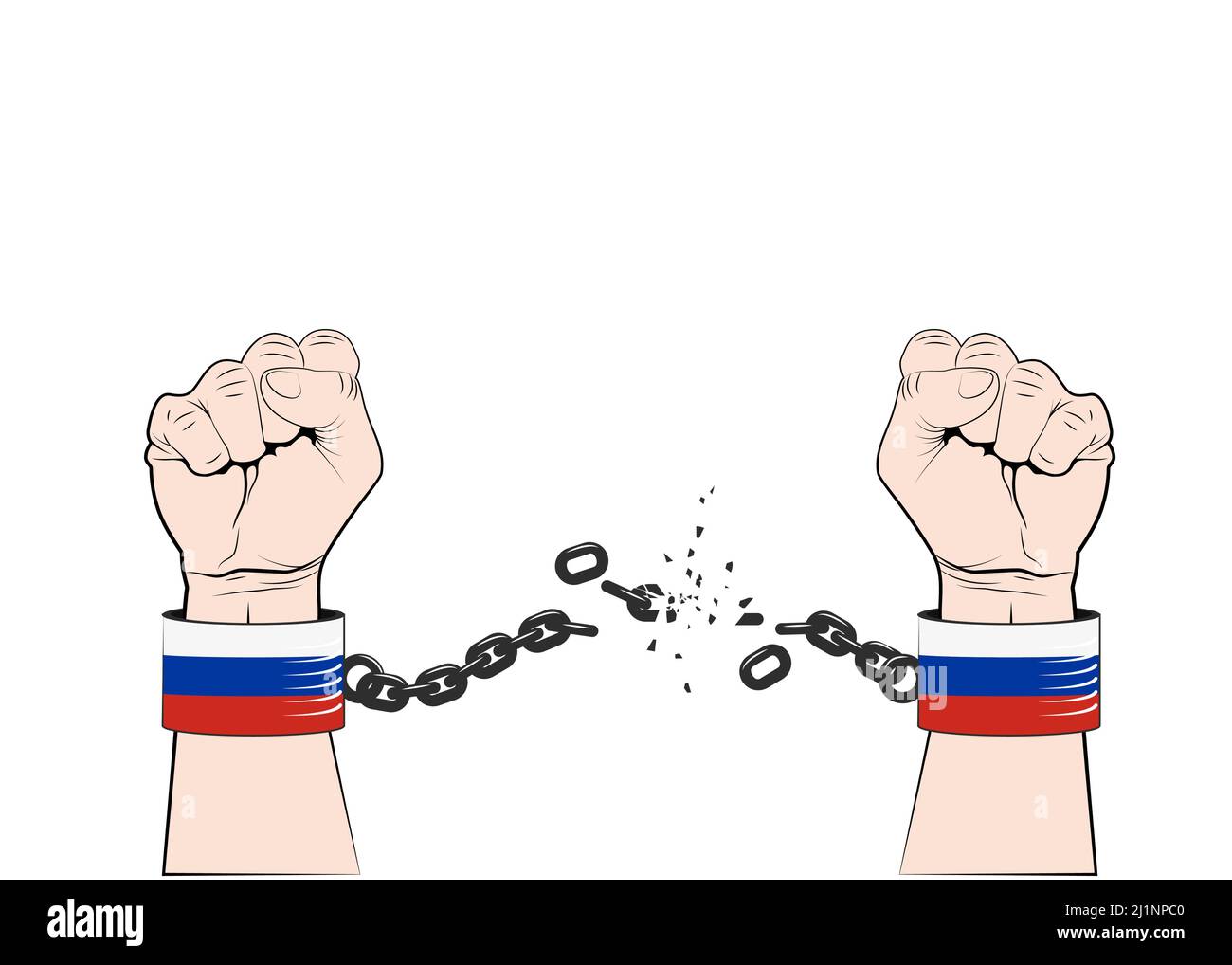Hände freier Menschen zerschlagen mit russischer Flagge Fesseln. Beendet den Krieg in der Ukraine. Vektorgrafik Stock Vektor