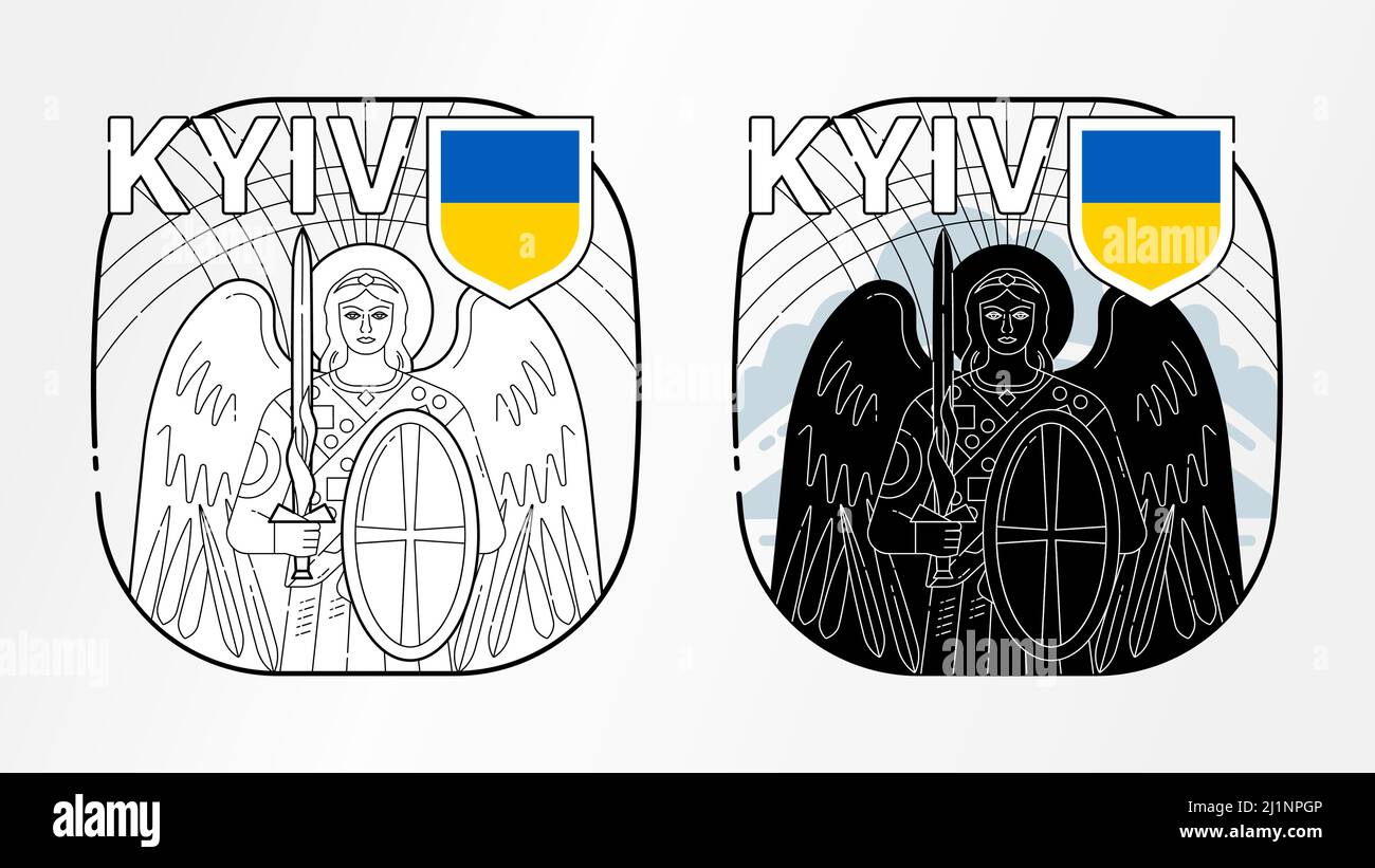 Der Erzengel St. Michael der Schutzheilige der Stadt Kiew, Konzept minimalistische Grafik, Symbol, zwei schwarz-weiße Ausgabe, Ukraine Flaggen Farben - Stock Vektor