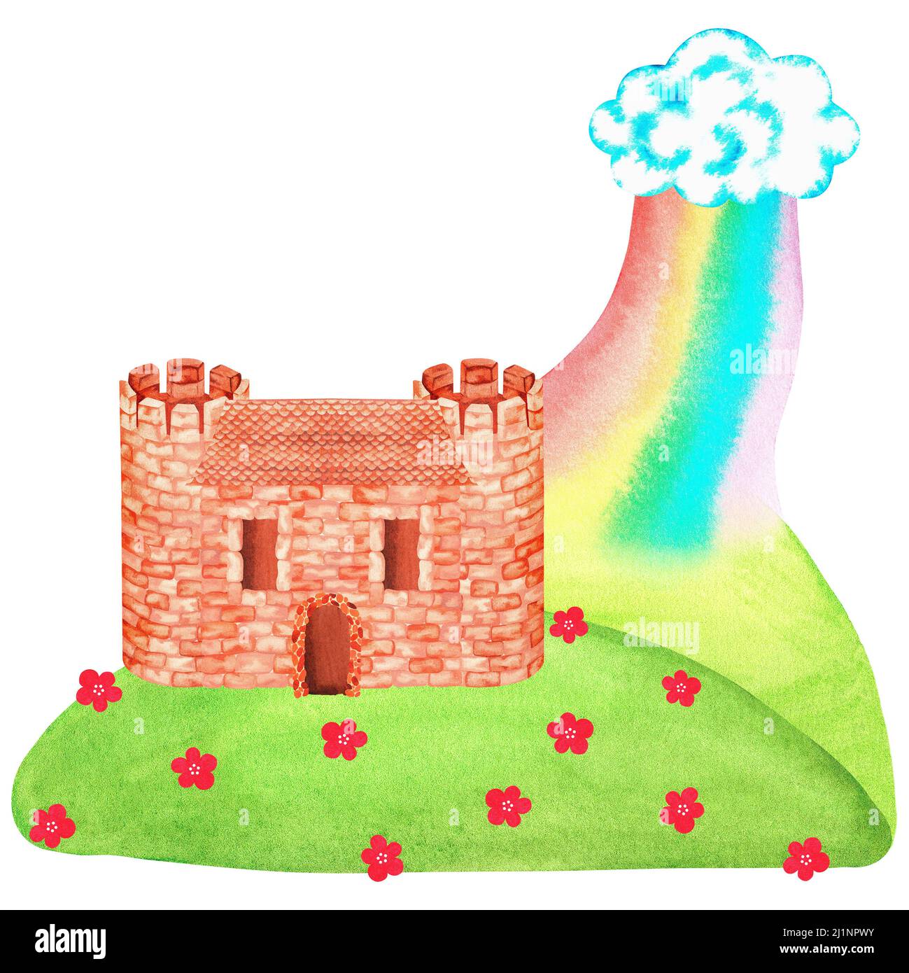 Schloss auf dem Hügel mit einem Regenbogen. Aquarelldarstellung. Isoliert auf weißem Hintergrund. Für Ihr Design von Kinderkleidung, Kinderzimmer-Interieur Stockfoto