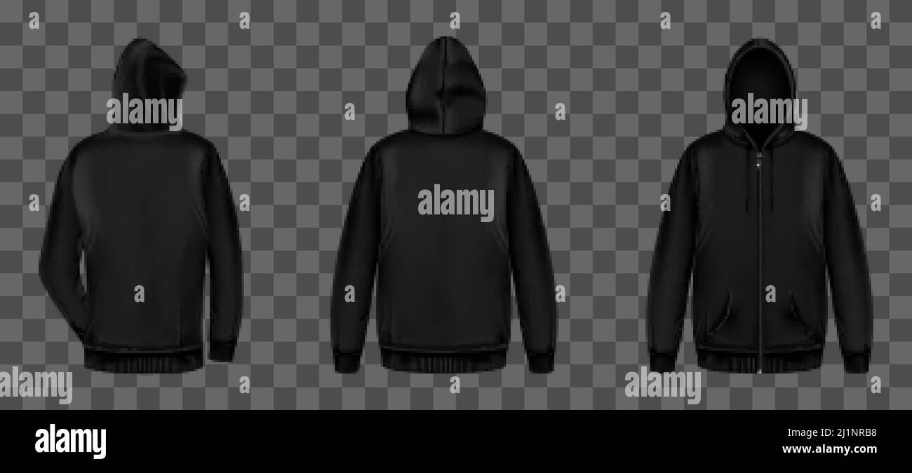Schwarzes Sweatshirt mit Reißverschluss, Kapuze und Taschen vorne und hinten. Vector realistische Mockup von männlichen Zip Hoodie mit langen Ärmeln. Mann Silhouette in str Stock Vektor