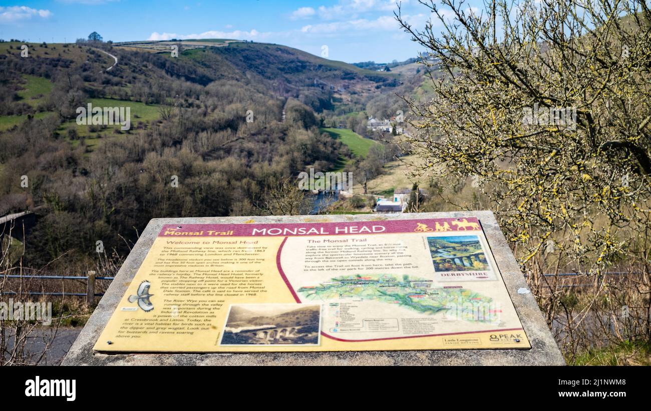 Eine Informationsplattform am Monsal Head, einem beliebten Aussichtspunkt mit Blick auf Monsal Dale im Peak District National Park in Derbyshire, Großbritannien. Die Gegend ist Stockfoto