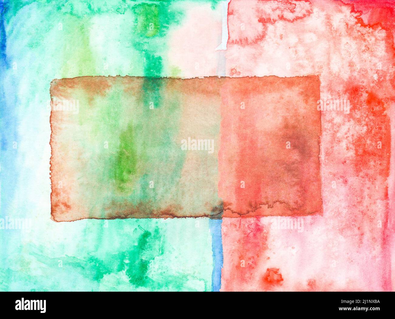 Farbenfroher, lebendiger strukturierter Hintergrund mit abstrakten Formen und Blots. Abstrakte handbemalte Aquarelltextur. Dekorativer chaotischer Overlay für Design. Stockfoto