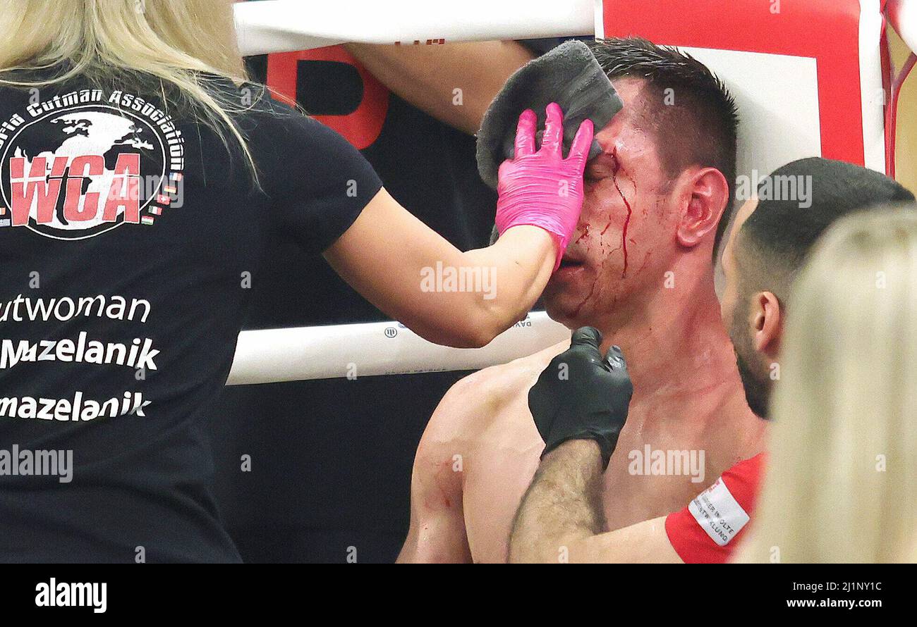 Dortmund, Deutschland. 26. Mär, 2022. firo : 03/26/2022, Boxen, Boxen, WM-Qualifikationskampf Felix Sturm und Istvan SZILI Behandlung Augenschnitt Da die Augenbraue gut mit Blut versorgt ist, führt ein Schnitt oft zu starken Blutungen. Der Blutverlust ist nicht das größte Problem. Vielmehr muss das Auge oft geschlossen werden, weil das Blut aus der Wunde abfliesst. Es gibt auch zunehmende Schwellungen um das Auge Kredit: dpa/Alamy Live News Stockfoto