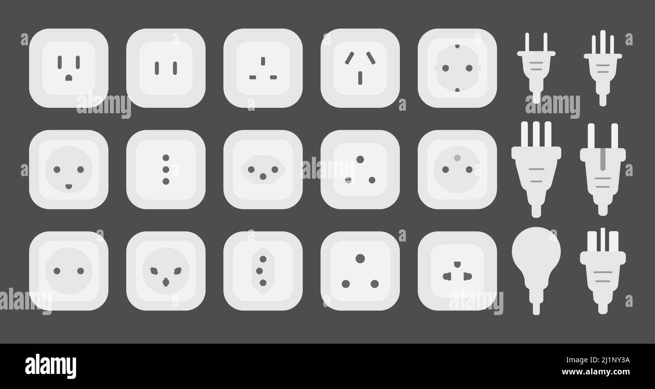 Steckdosenleiste Weltstandards Form Symbole setzen Vektor flache Abbildung Stock Vektor