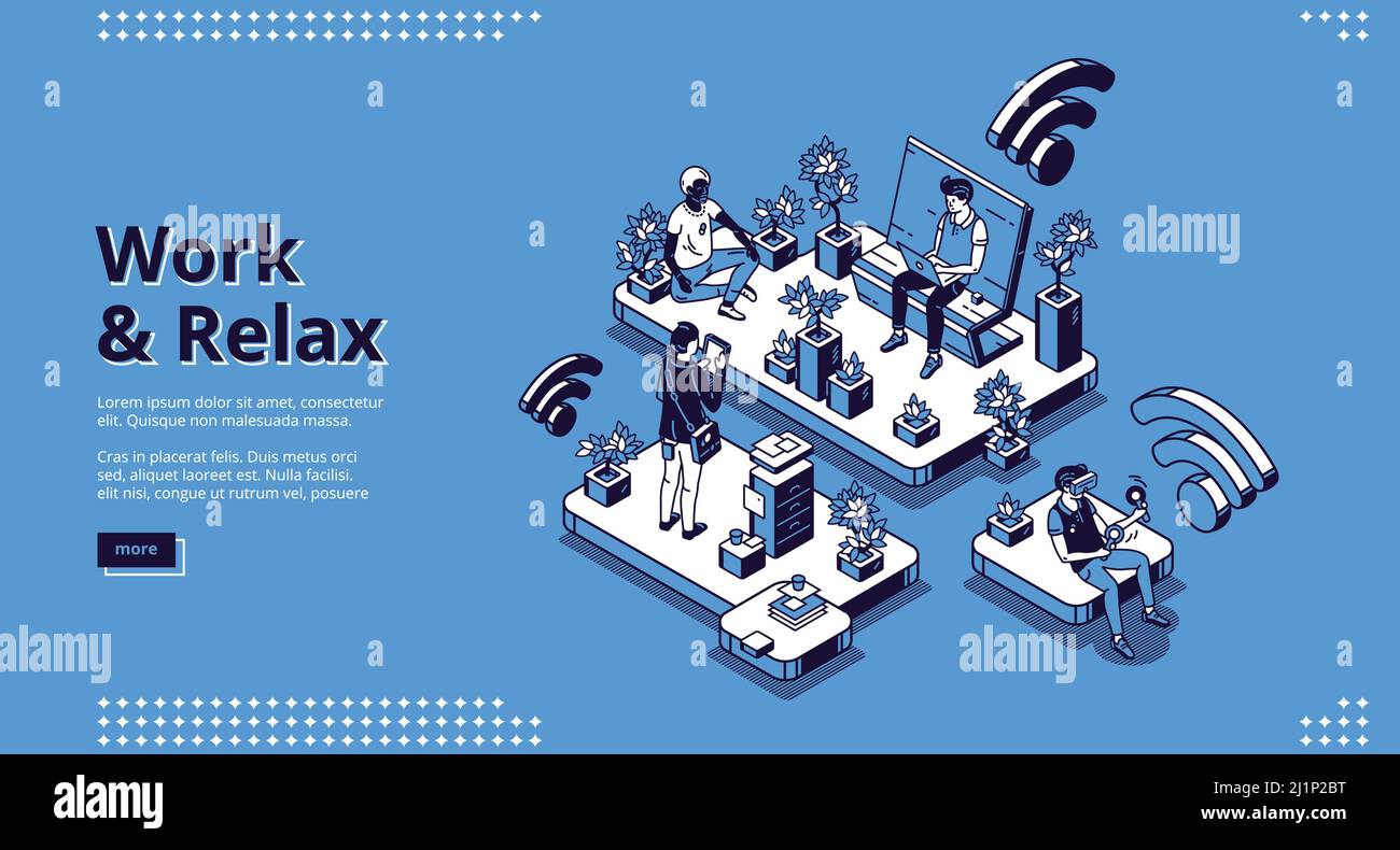 Arbeiten und entspannen isometrische Landing Page, Geschäftsleute arbeiten auf Laptop sitzen auf der Bank im Park und meditieren in Lotushaltung unter Pflanzen. Yoga r Stock Vektor