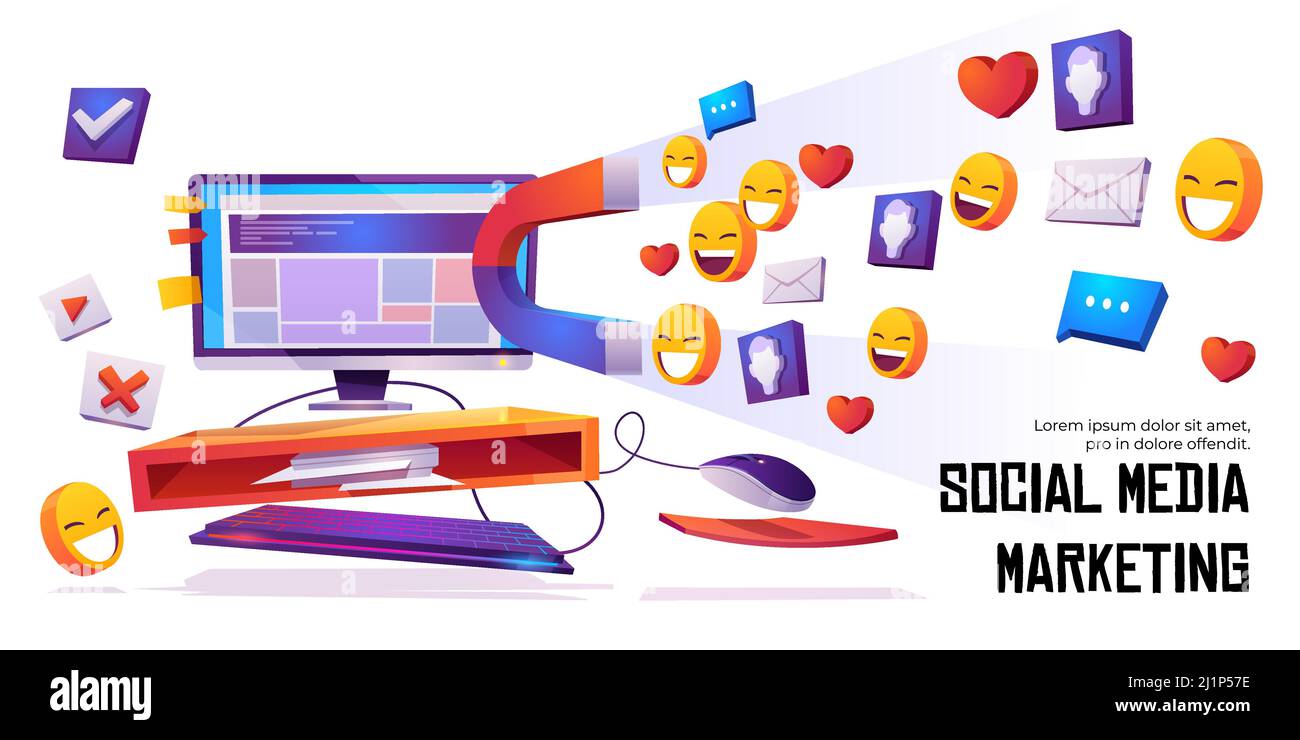 Marketing-Banner für soziale Medien. SMM-Strategie-Kampagne, Magnet zieht Publikum, Likes, Rückmeldungen und Anhänger von Computer-Desktop-Bildschirm. Influen Stock Vektor