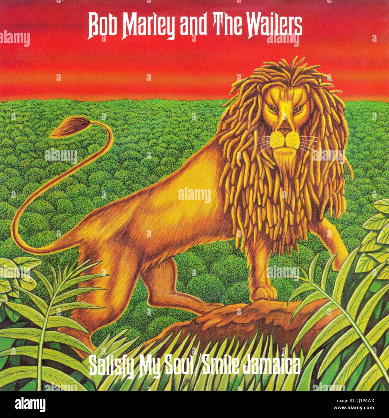 Frontcover der Schallplattenhülle für die UK 45 rpm Vinyl Single von Satisfy My Soul von Bob Marley und The Wailers. Herausgegeben auf dem Insel-Label am 26.. Mai 1978. Geschrieben von Bob Marley und produziert von Bob Marley und den Wailers. Stockfoto