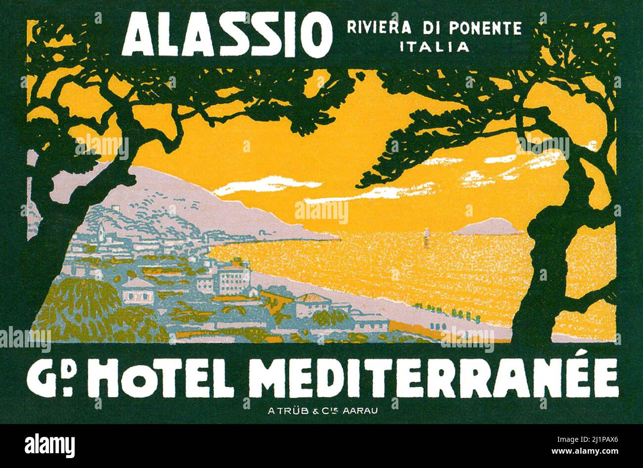 Altes Gepäcketikett für das Grand Hotel Mediterranée in Alassio, Ligurien, Italien an der Mittelmeerküste. Stockfoto