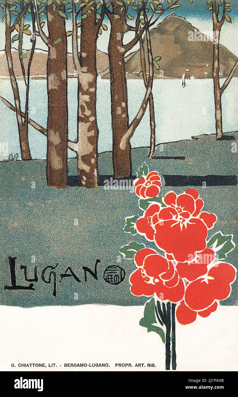 Vintage Postkarte von Lugano und dem Luganersee in der Schweiz. Stockfoto