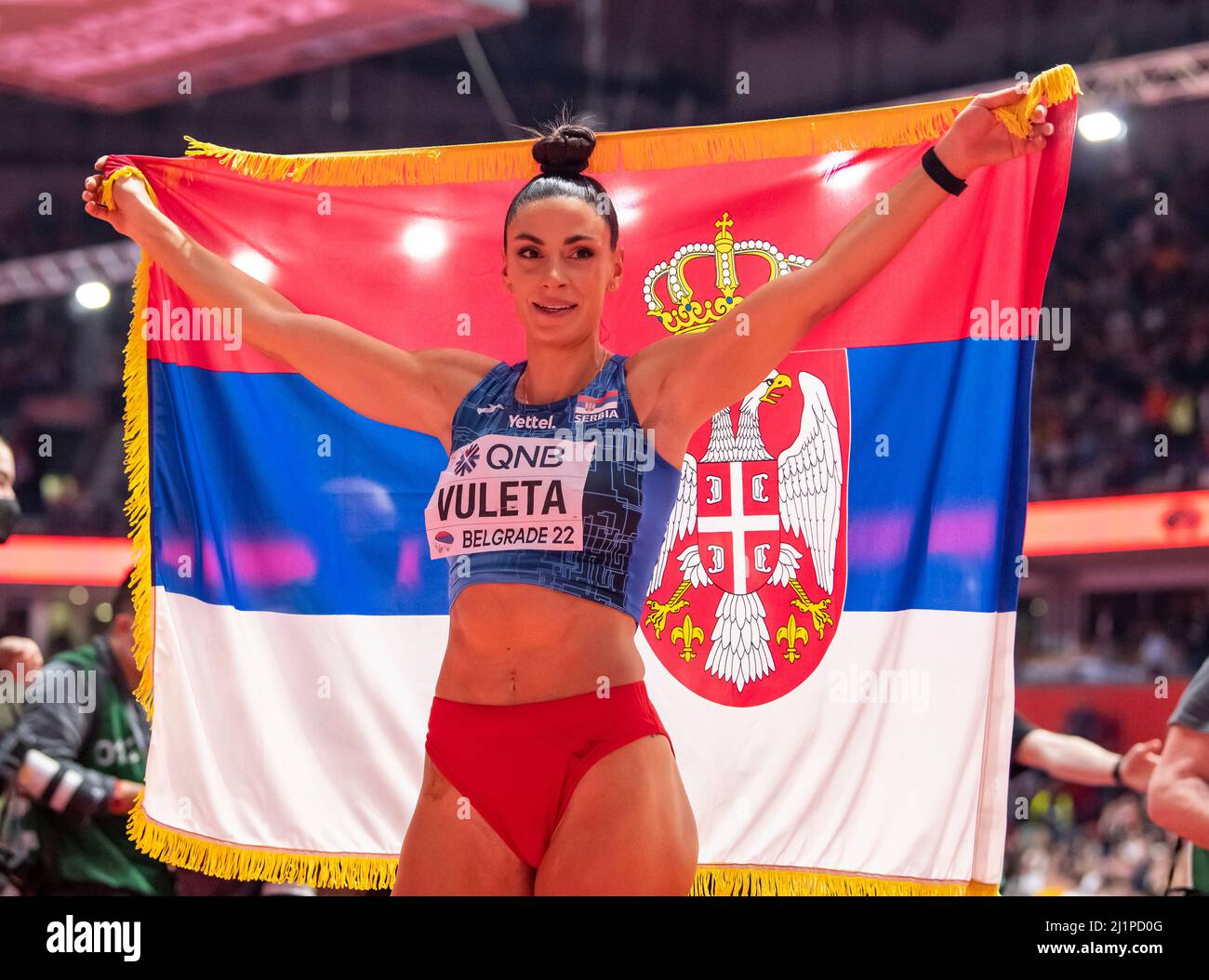 Ivana Vuleta SRB feiert ihren Sieg im Weitsprung der Frauen am dritten