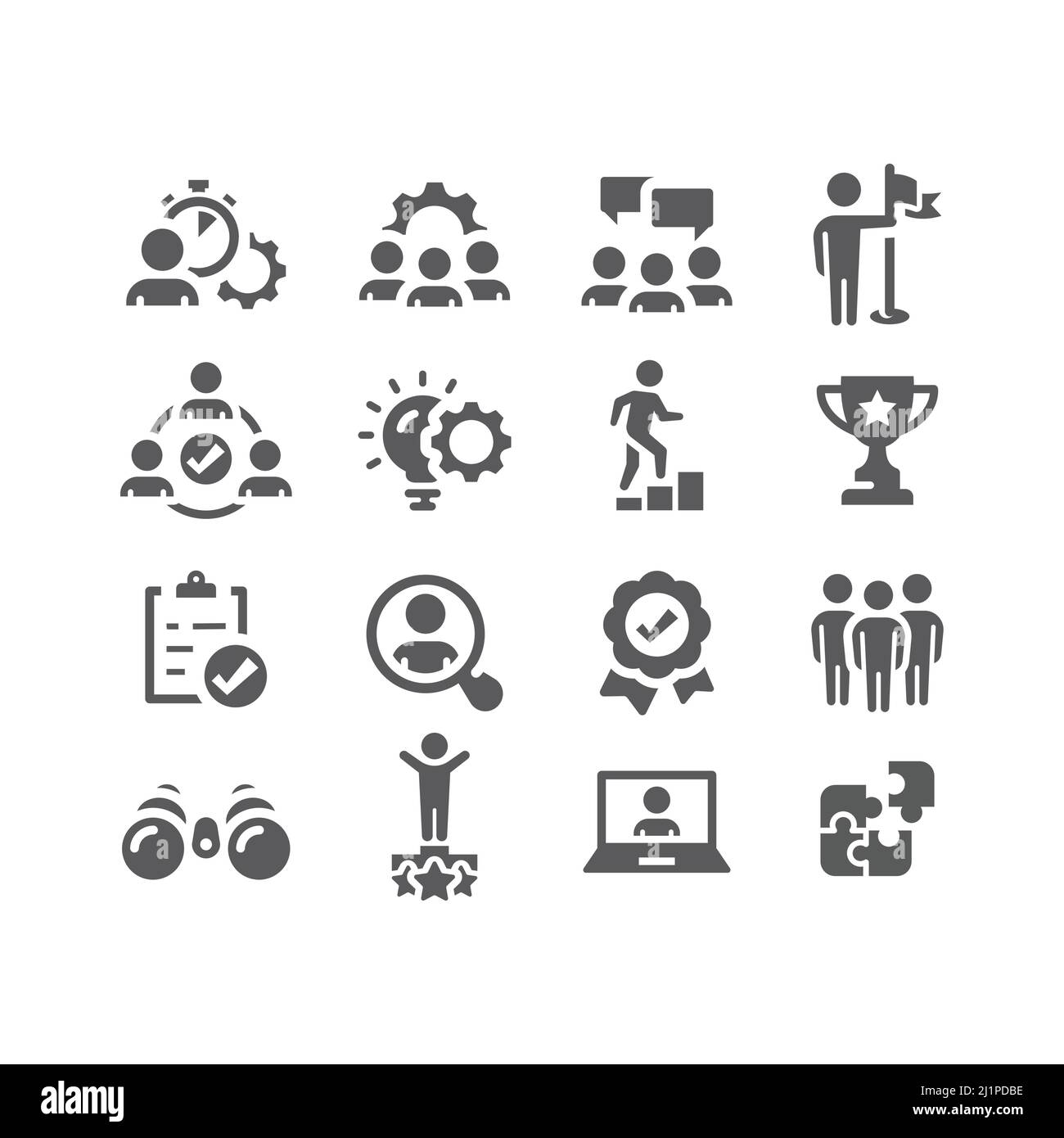 Teamwork, Human Resources Black Icon Set. Vektorsymbole für Unternehmensleitung, Mitarbeiterleistung gefüllt. Stock Vektor