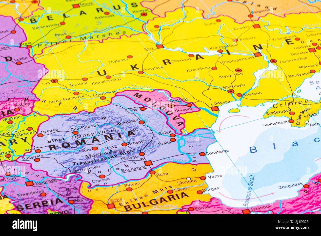 Karte der Republik Moldau, Europas, der Europäischen Union, mit Staatsgrenzen, Hauptstädten, Flüsse und Meere, Hauptstadt Chisinau, aus der Nähe Stockfoto