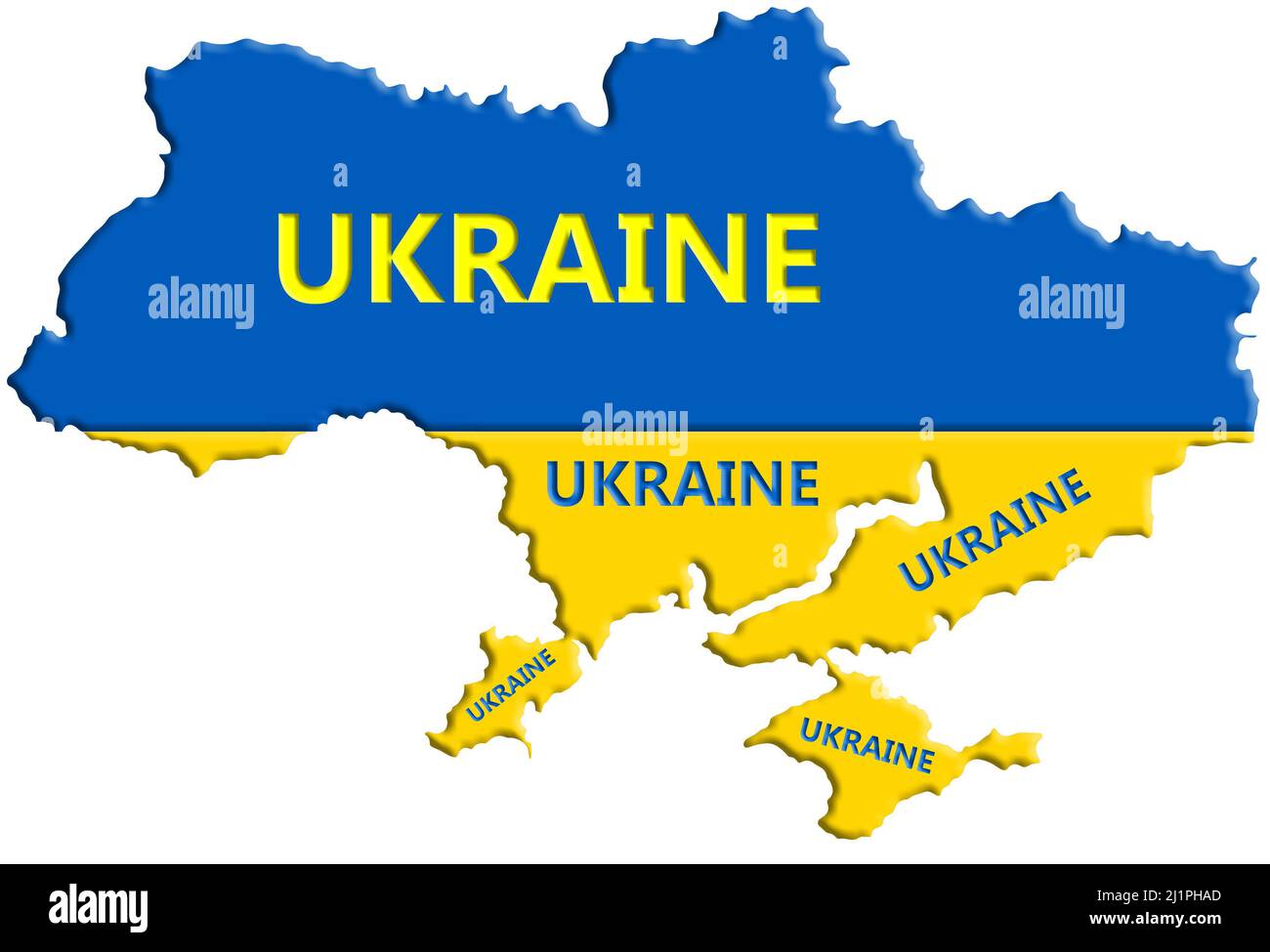 3D Karte der Ukraine in den Farben der Nationalflagge Stockfoto
