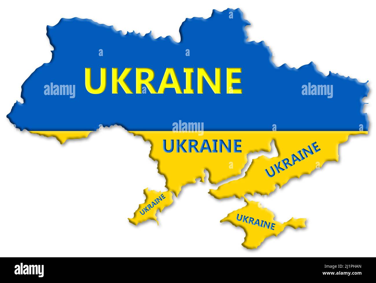 3D Karte der Ukraine in den Farben der Nationalflagge Stockfoto