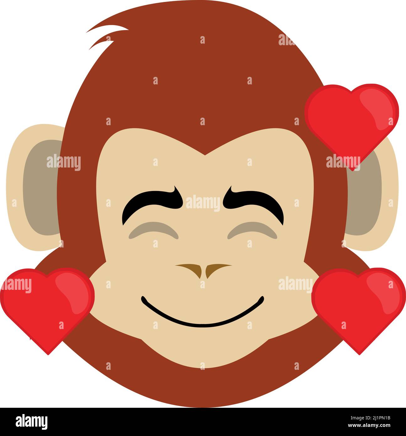 Vektor-Illustration des Gesichts eines Cartoon-Affen, mit einem glücklichen Ausdruck und umgeben von Herzen Stock Vektor