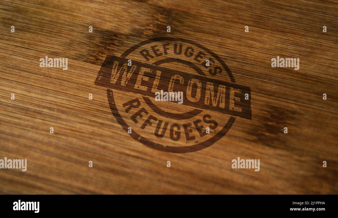 Flüchtlinge Willkommensstempel auf Holzkiste gedruckt. Migration und humanitäre Hilfe während des Krisenkonzepts. Stockfoto