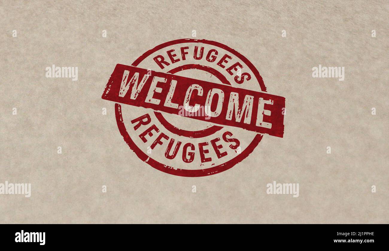 Flüchtlinge Willkommen Stempel Symbole in wenigen Farbversionen. Migration und humanitäre Hilfe während des Krisenkonzepts 3D als Illustration. Stockfoto