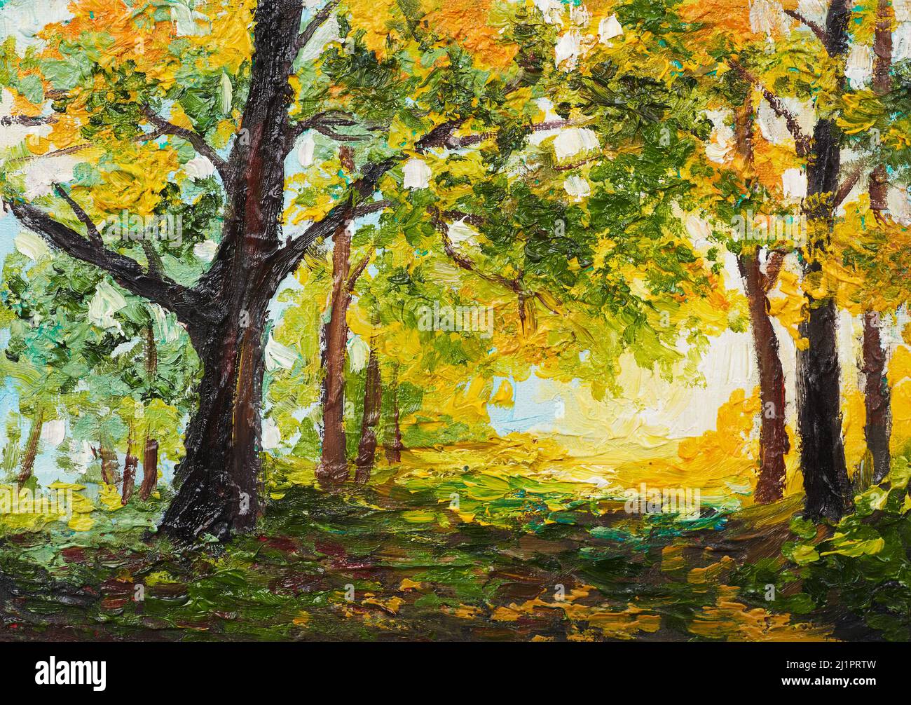 Ölgemälde Landschaft - Bunte Herbstwald auf Leinwand Stockfoto