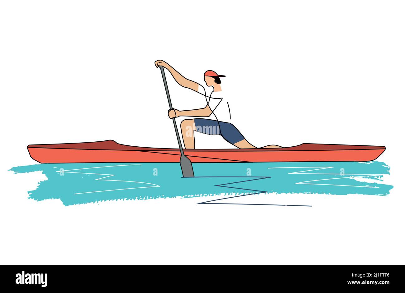 Kanu Sprint, Mann Athlet stehend in Unterstützung auf einem Knie in einem einzigen Kanu. Linienkunst stilisierte Illustration des Kanufahrens. Isoliert auf weißem Hintergrund. Stock Vektor