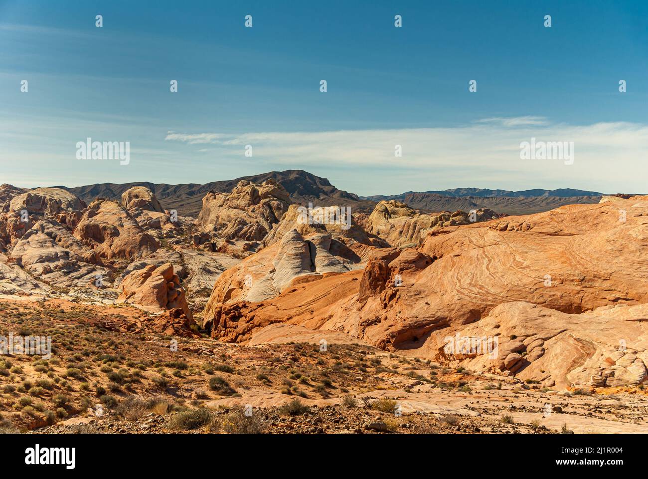 Overton, Nevada, USA - 11. Dezember 2010: Valley of Fire. Weite rote Felsenlandschaft mit einer Ansammlung grauer Felsstolpern unter blauer Wolkenlandschaft. Feld o Stockfoto