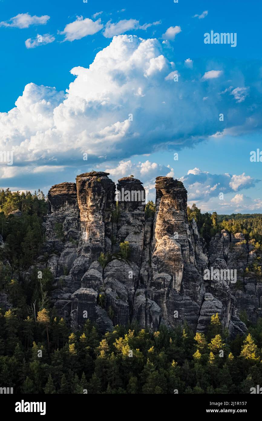 Landschaft mit Felsformationen und dem Gipfel Hintere Gans im Rathen-Gebiet des Nationalparks Sächsische Schweiz. Stockfoto