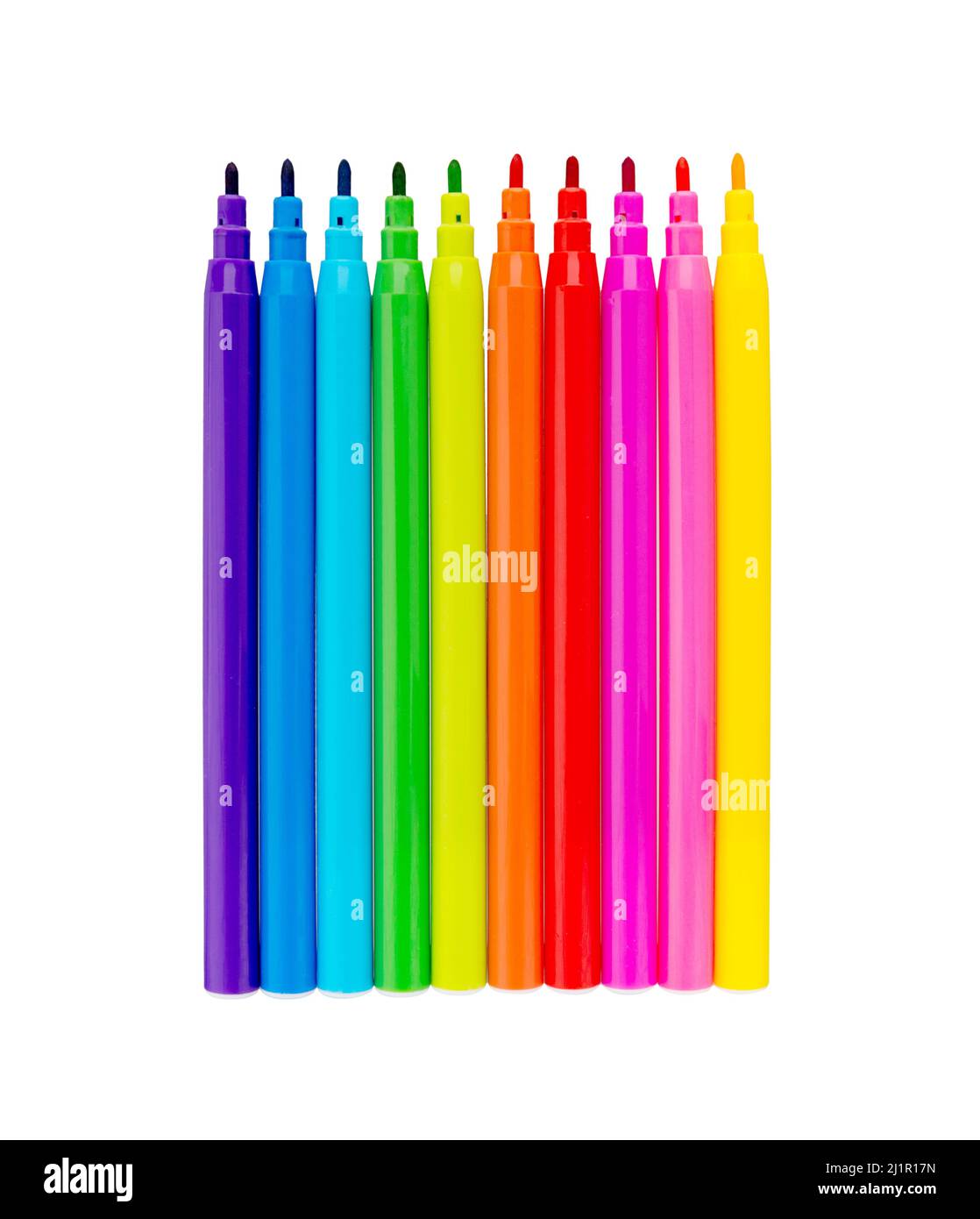 Filzspitzen. Mehrfarbige Felt-Tip-Stifte isoliert auf weißem Hintergrund. Bunte Stifte. Wanne mit farbigen Markierstiften. Stockfoto