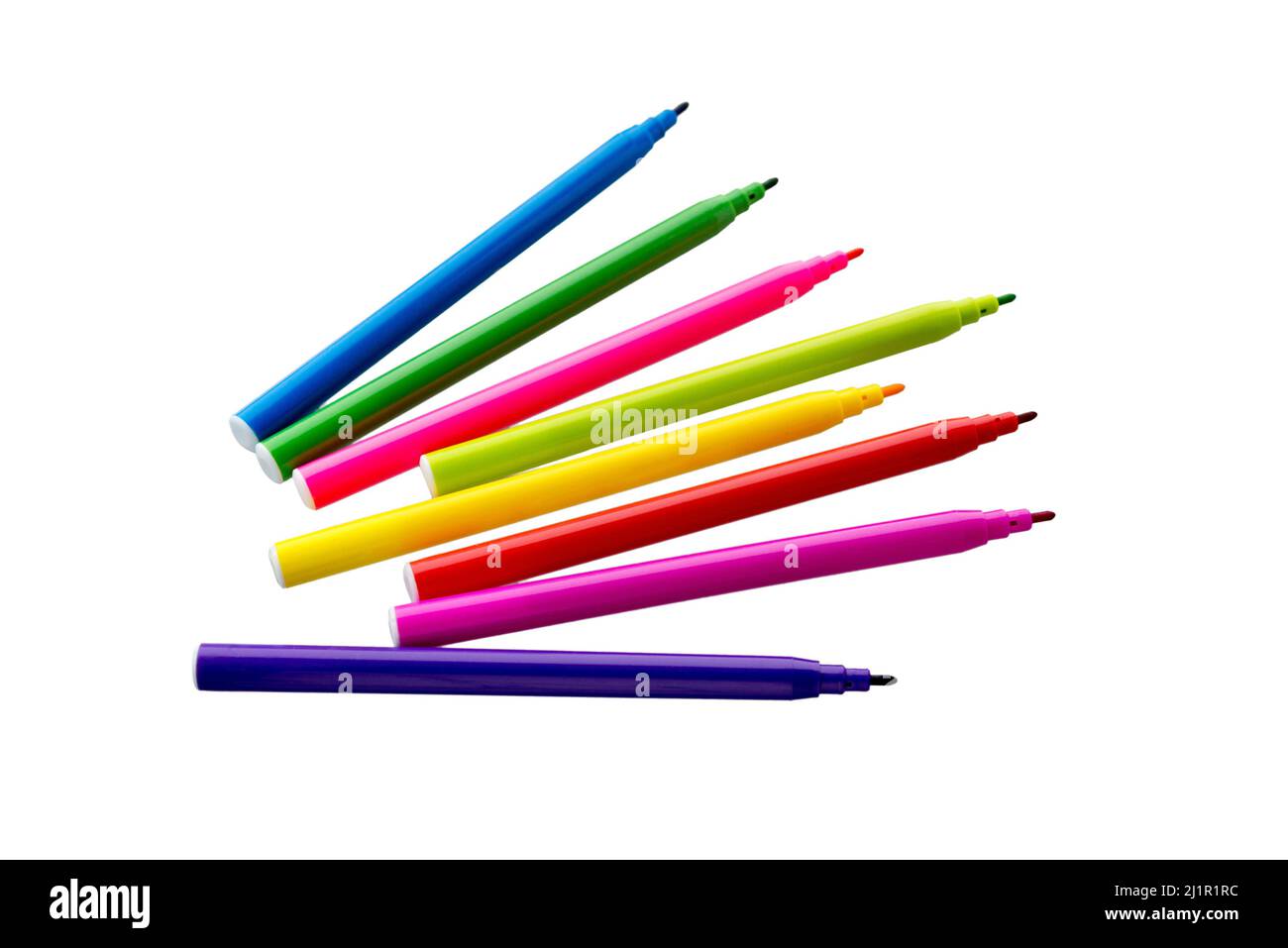 Filzspitzen. Mehrfarbige Felt-Tip-Stifte isoliert auf weißem Hintergrund. Bunte Stifte. Wanne mit farbigen Markierstiften. Stockfoto