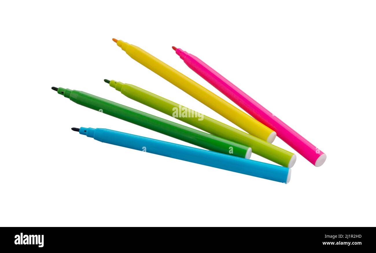 Filzspitzen. Mehrfarbige Felt-Tip-Stifte isoliert auf weißem Hintergrund. Bunte Stifte. Wanne mit farbigen Markierstiften. Stockfoto