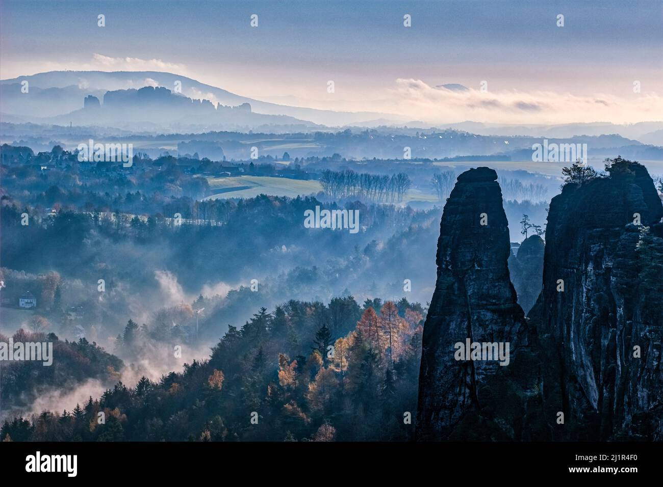 Neblige Landschaft mit Felsformationen und der Gipfel des Großen Wehlturms im Rathen-Gebiet des Nationalparks Sächsische Schweiz bei Sonnenaufgang. Stockfoto
