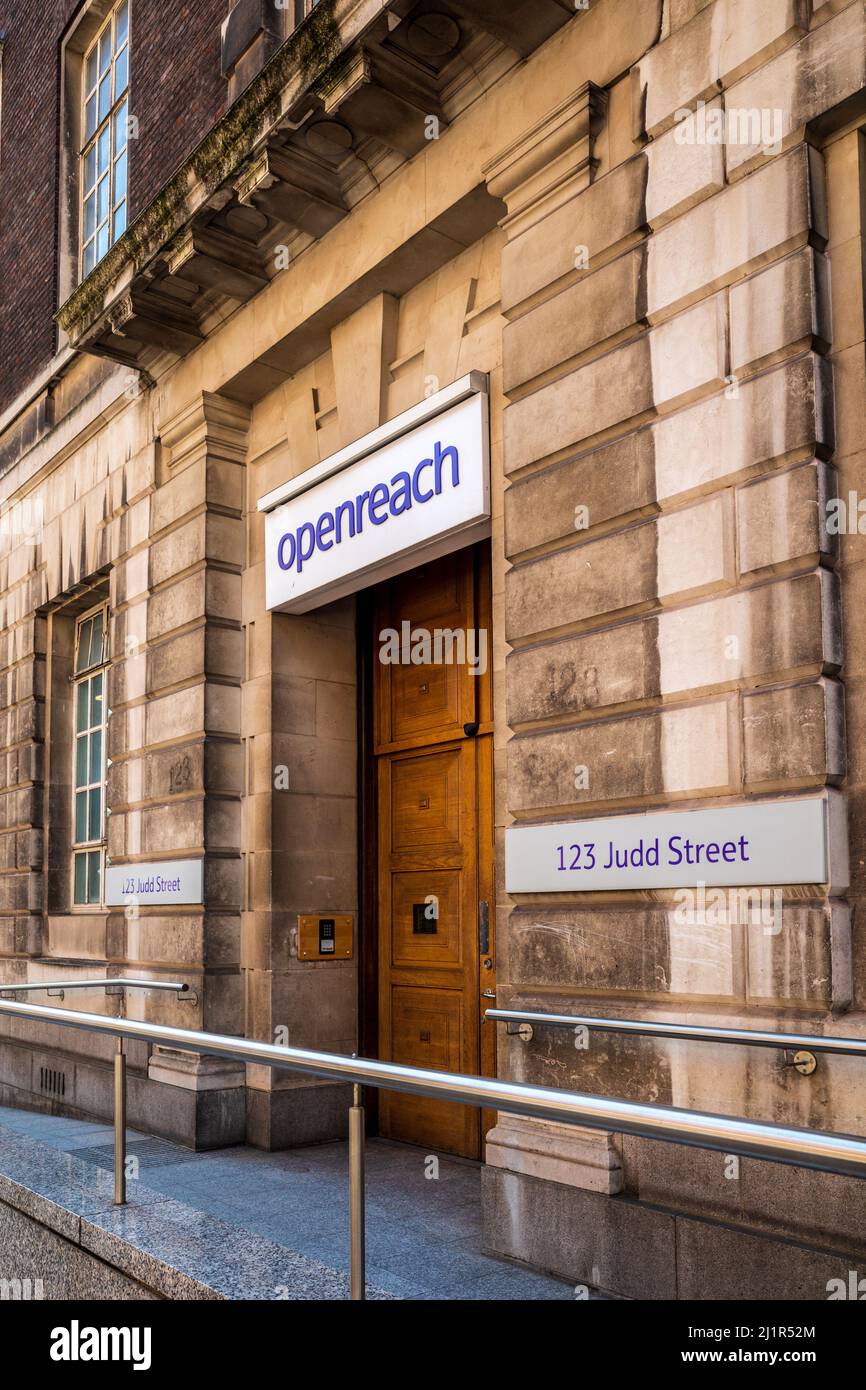 OpenReach Hauptsitz Judd St Bloomsbury London. OpenReach ist eine hundertprozentige Tochtergesellschaft der BT Group. OpenReach Ltd betreibt das digitale Netzwerk Großbritanniens. Stockfoto