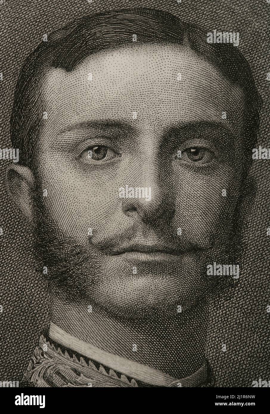 Alfonso XII (Madrid, 1857-Madrid, 1885). König von Spanien (1874-1885). Hochformat. Stich von Bartolomé Maura. Details. Historia General de España, von Modesto Lafuente. Band VI. Veröffentlicht in Barcelona, 1882. Stockfoto