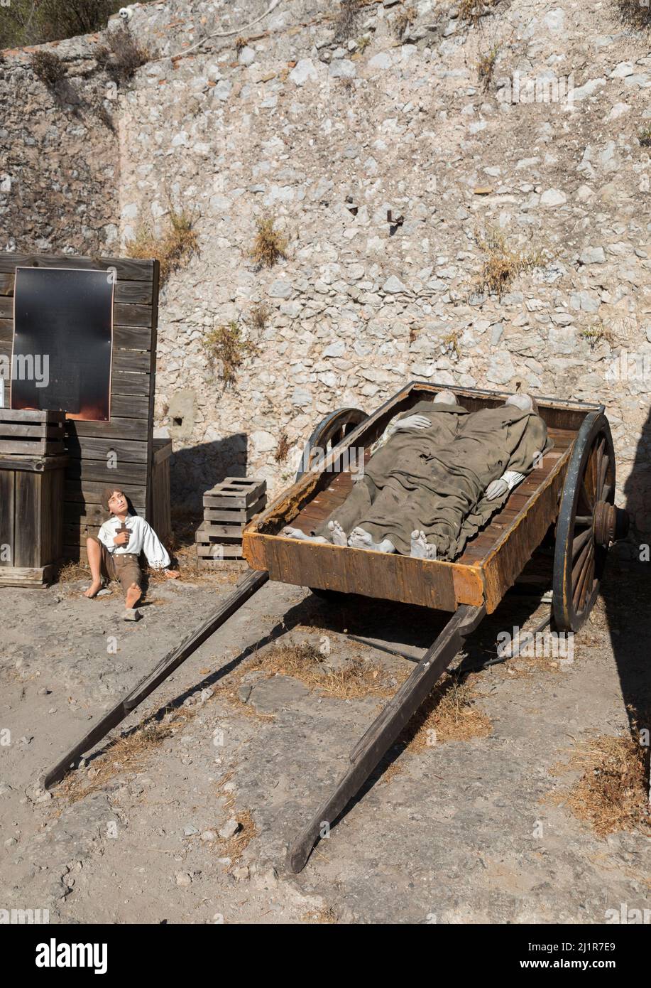 Tote Soldaten in einem Wagen, Teil der Museumsausstellung im Willis's Magazine, historische Überreste der Royal Artillery aus dem frühen 1700s, Gibraltar Stockfoto