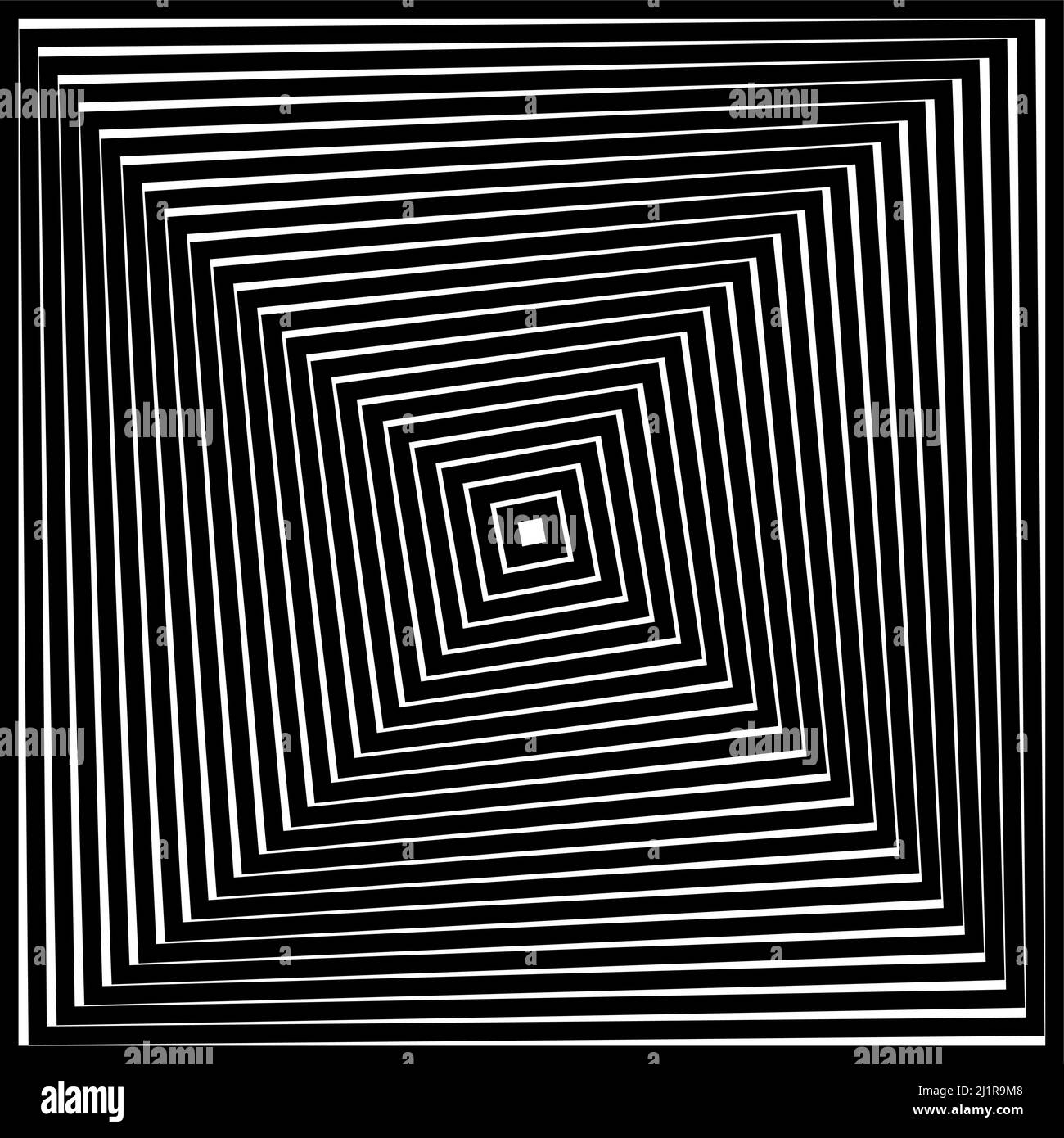Op Art Quadrate in Schwarz und Weiß mit optischem Verzerrungseffekt, der eine optische Illusion von Pyramiden oder Tunneln erzeugt. Hypnotisches Banner, Vektor Stock Vektor