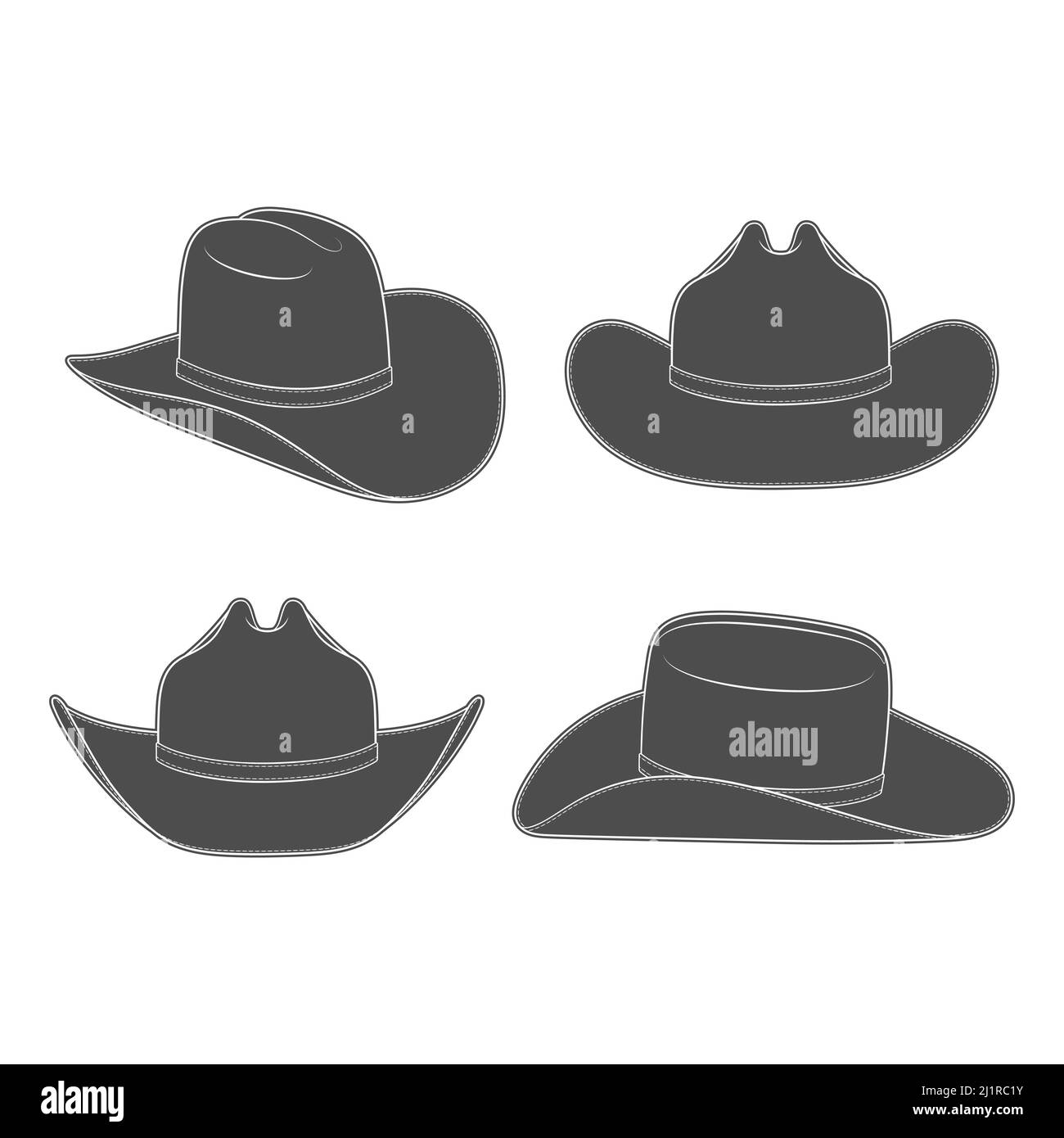 Set mit schwarzen und weißen Illustrationen mit Cowboy-Hut. Isolierte Vektorobjekte auf weißem Hintergrund. Stock Vektor
