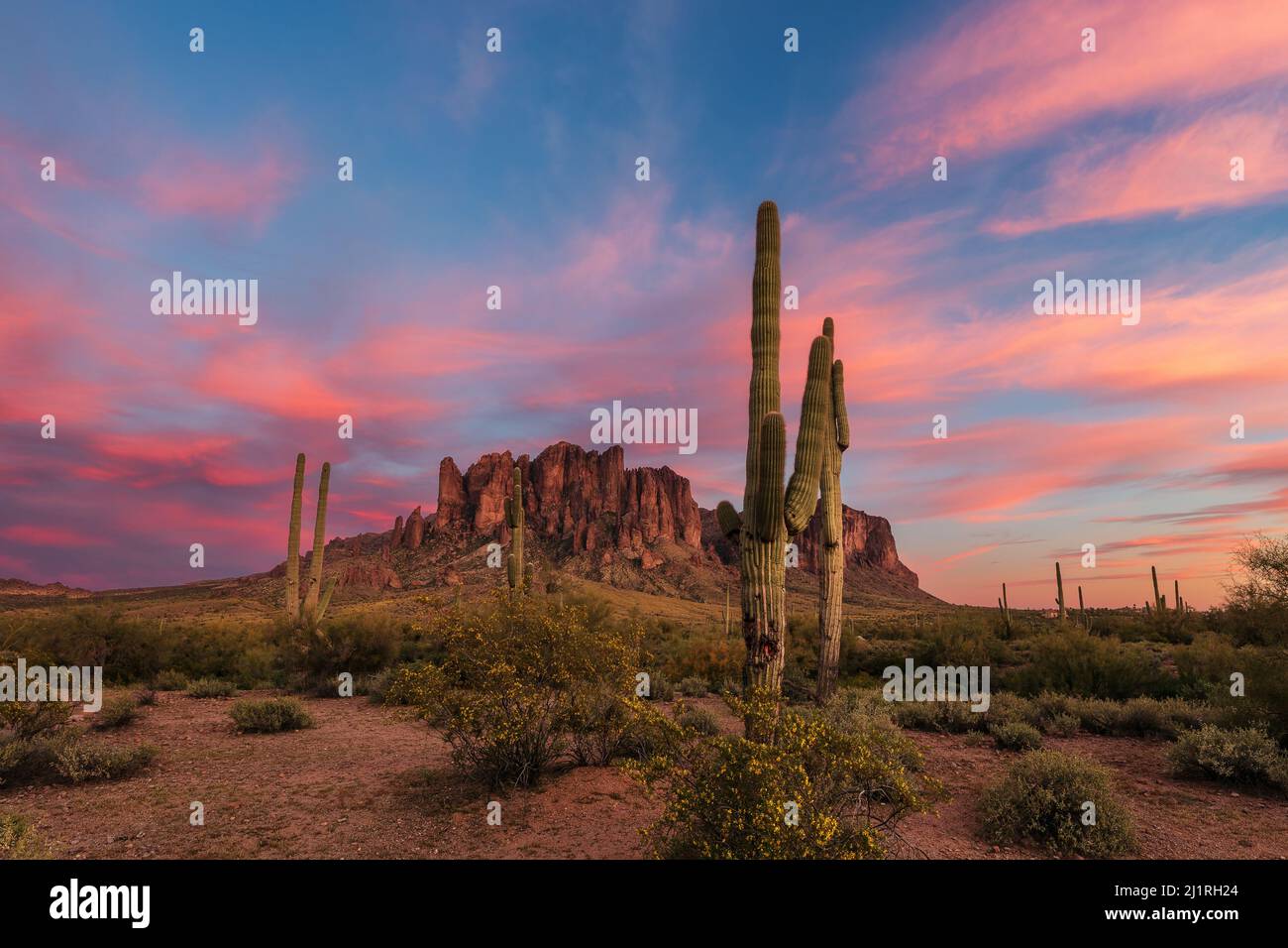 Die Superstition Mountains im Lost Dutchman State Park bei Sonnenuntergang in der Wüste von Arizona Stockfoto