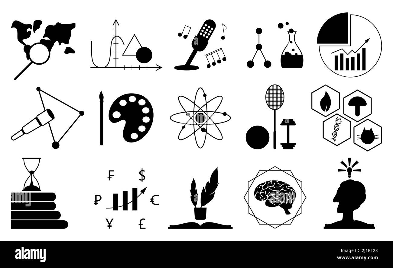 Schule Bildung Thema Silhouette Lektion set. Genaue Wissenschaft kreative Thema Hochschule Institut Objekt. Logo online Klasse Symbol Vorschule Bildung menschliche Entwicklung formale Vorlesung isoliert weiß Stock Vektor