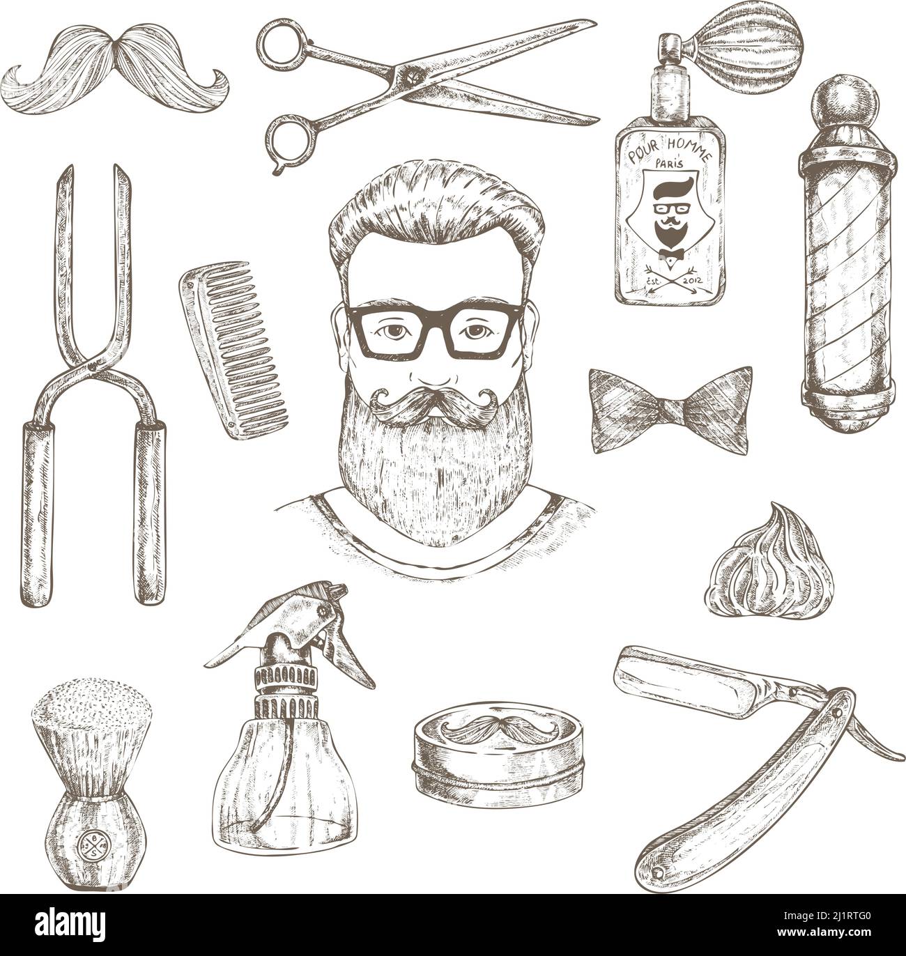 Barber Elements handgezeichnetes Set mit Gesicht von Hipster-Objekten Für Haarschnitt und Rasur isolierte Vektor-Illustration Stock Vektor