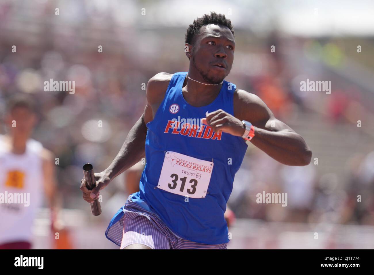 Joseph Fahnbulleh läuft die Ankeretappe auf der Florida Gators 4x100-m-Staffel, die 38,47 während der 94. Clyde Littlefield Texas Relays, Samstag, M, gewonnen hat Stockfoto