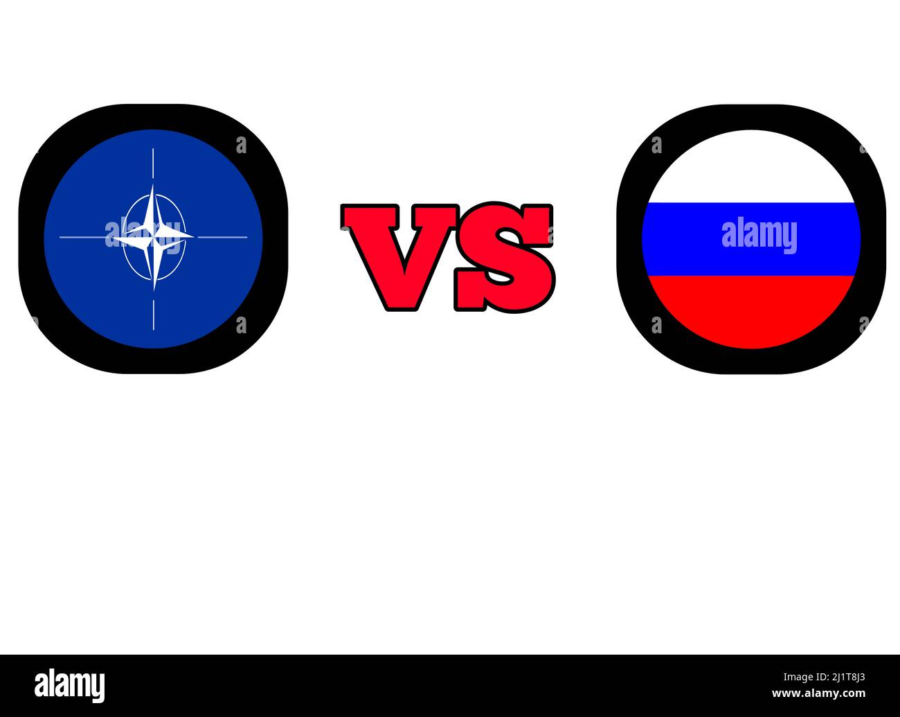 Die 3D Illustration Round Shape of Russia VS NATO Flags mit weißem Hintergrund Stockfoto