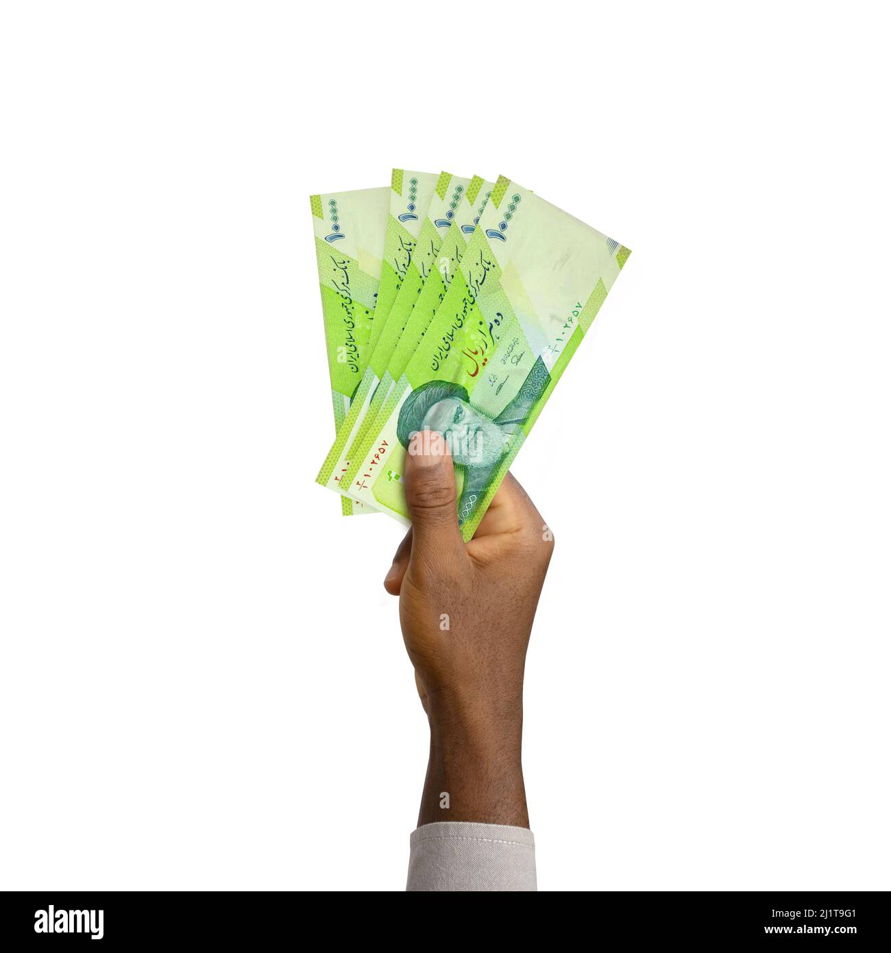 Schwarze Hand mit 3D gerenderte 10000 Iran Rial Noten isoliert auf weißem Hintergrund Stockfoto