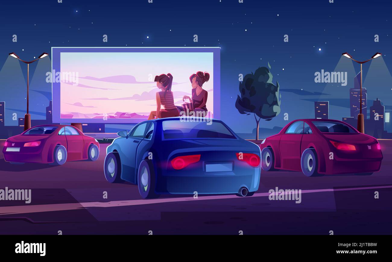 Freiluftkino, Drive-in-Kino mit Autos auf dem Parkplatz. Vektor-Cartoon-Illustration von Sommer Nacht Stadt mit Mädchen auf automobil sitzen Stock Vektor