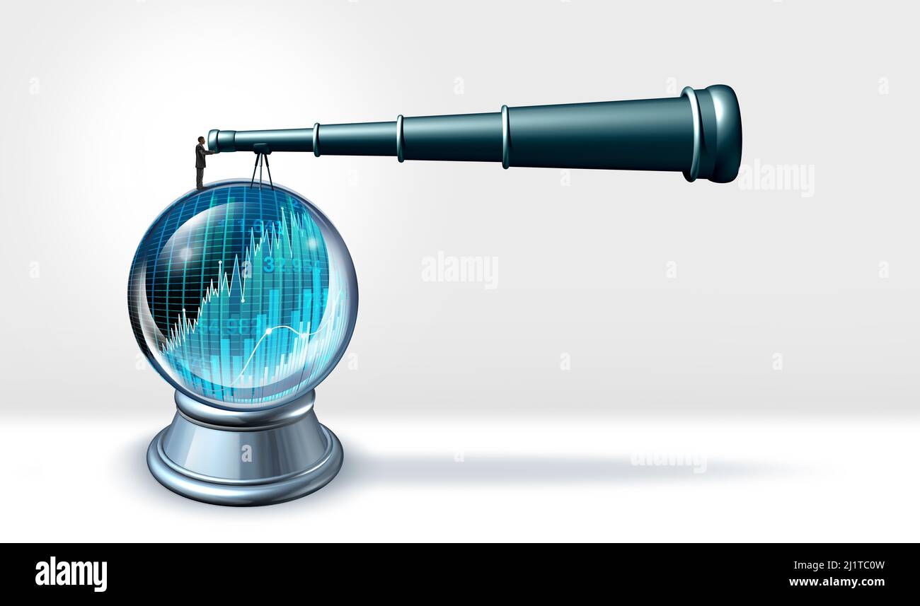 Business Forecasting und Future Business Forecast Konzept als Symbol für die Vorhersage des Zustands der Wirtschaft als Kristallkugel mit finanzieller Perso Stockfoto